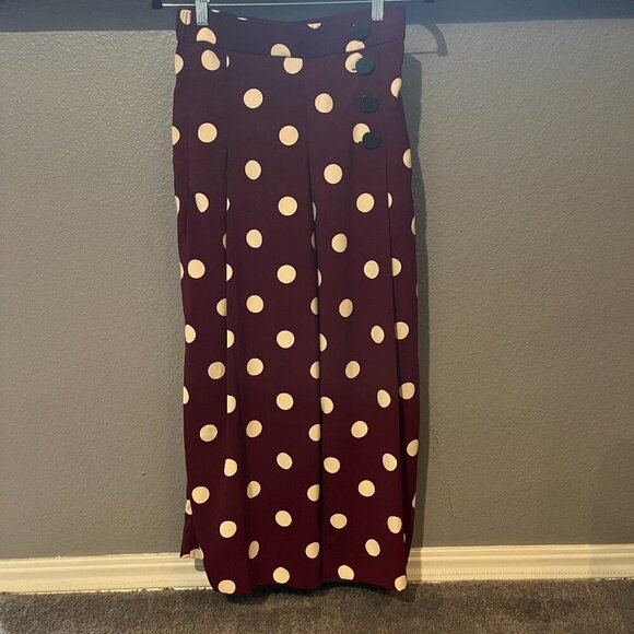 ZARA Burgundy & Cream BIG Polka Dot Wide Leg Palazzo Pants - Side Buttons - S - Picture 1 of 16